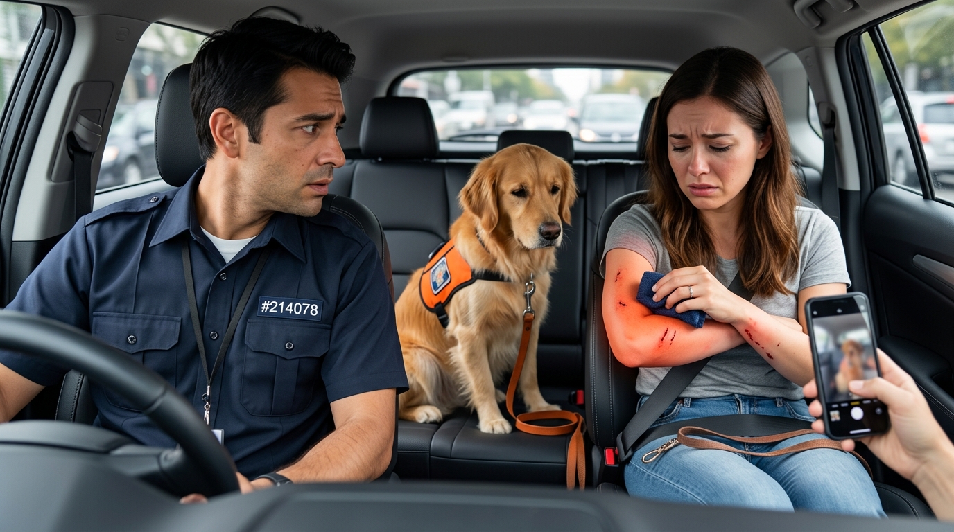 An infographic titled "Immediate Steps After a Rideshare Dog Bite" showing icons for taking photos, calling animal control, seeking a doctor, and contacting a lawyer.