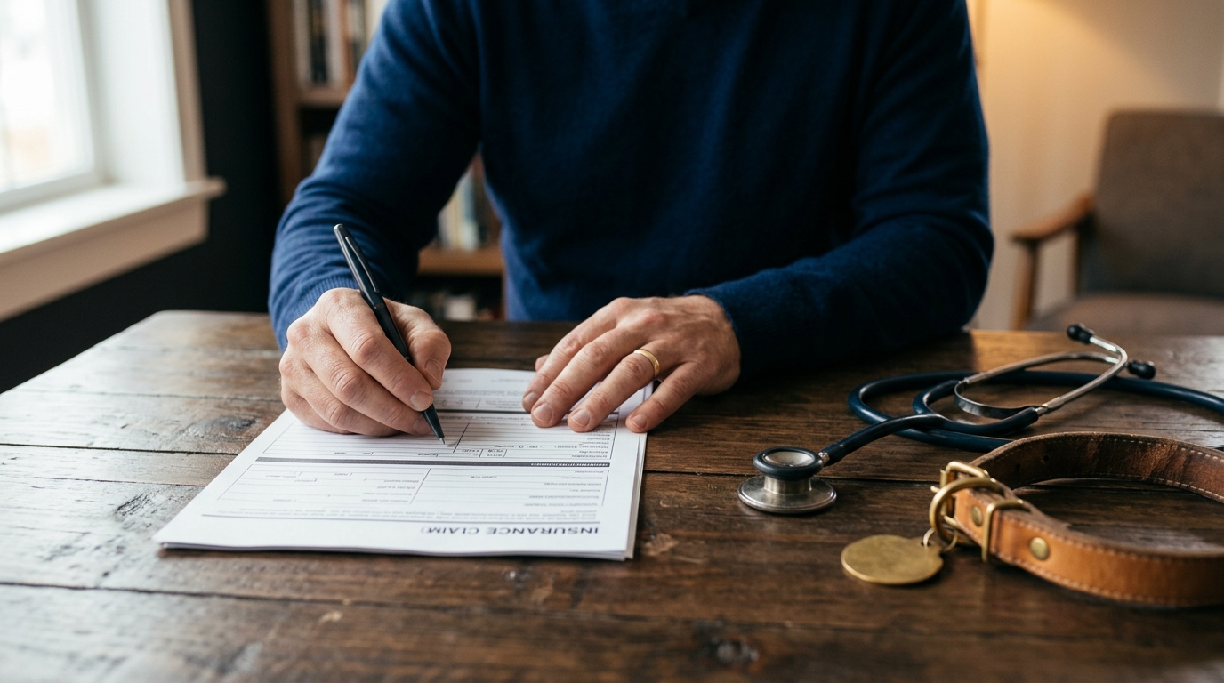 A close-up of a person filling out paperwork for california dog bite claims with a stethoscope on the table.