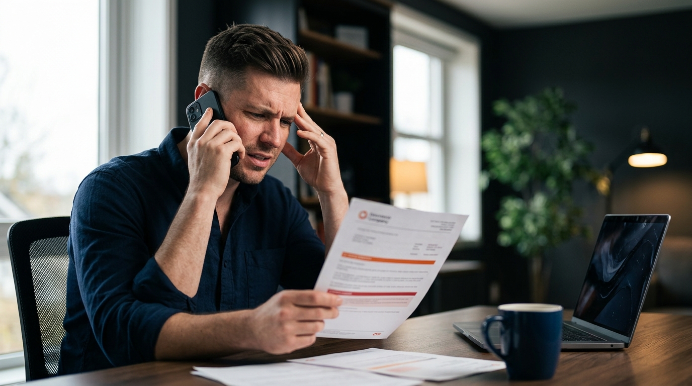 A frustrated dog bite victim holding a denied insurance claim letter while speaking on a cell phone.